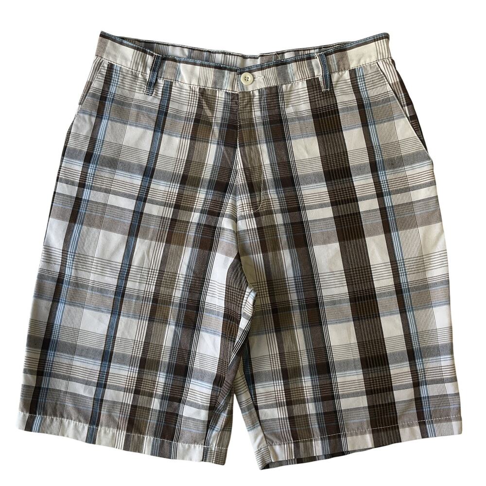 Burnside Men Shorts Size 34 Brown Plaid Bermuda Casual Button 10" Inseam Chino